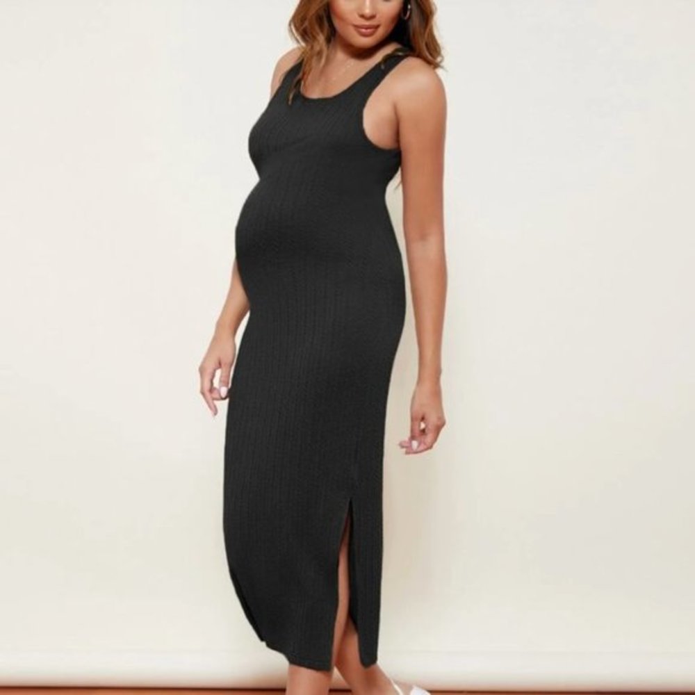 Maternity Split Side Cable Knit stretchy black midi Dress S - Picture 1 of 4